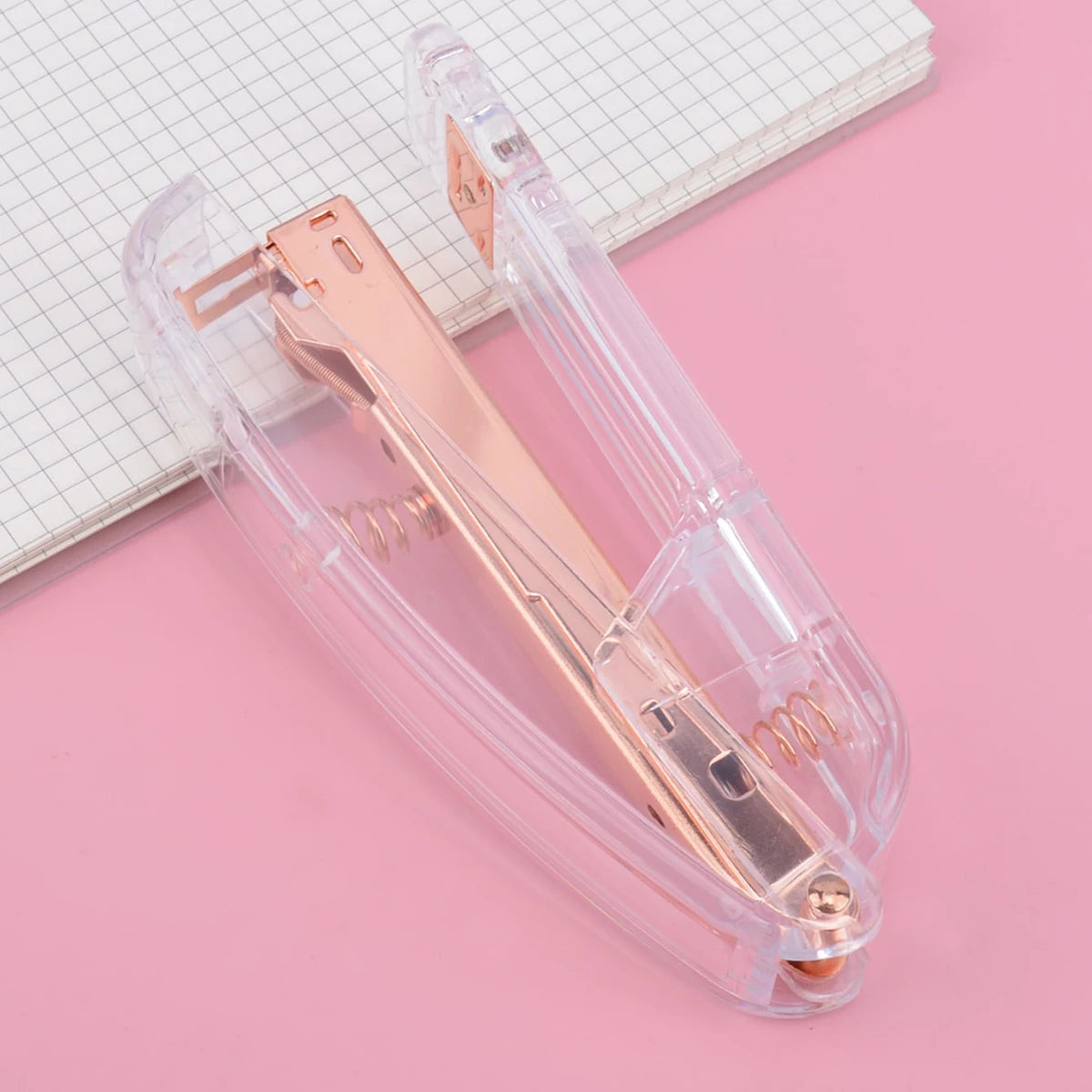 Transparent Rose Gold Stapler, Detachable Staples Effortless Push Desktop Binder for School Office Stationery Supplies