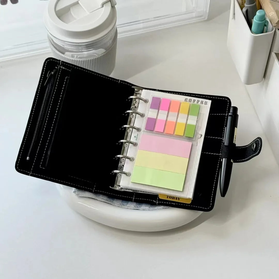 Black PU  A7 Loose Leaf Binder Journal Notebook Diary Cover Ring Planners Organizer Easy Carrying Agenda