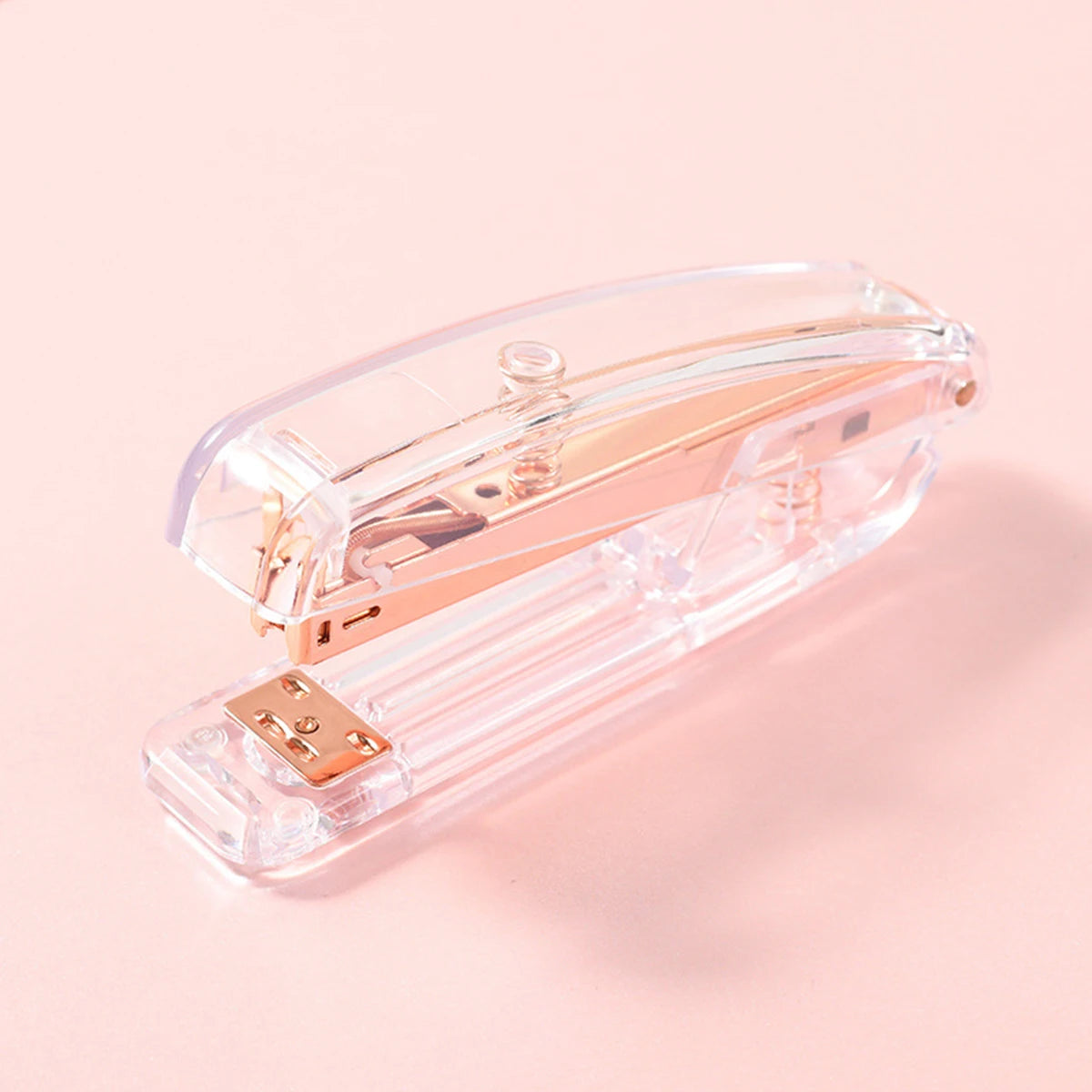Transparent Rose Gold Stapler, Detachable Staples Effortless Push Desktop Binder for School Office Stationery Supplies