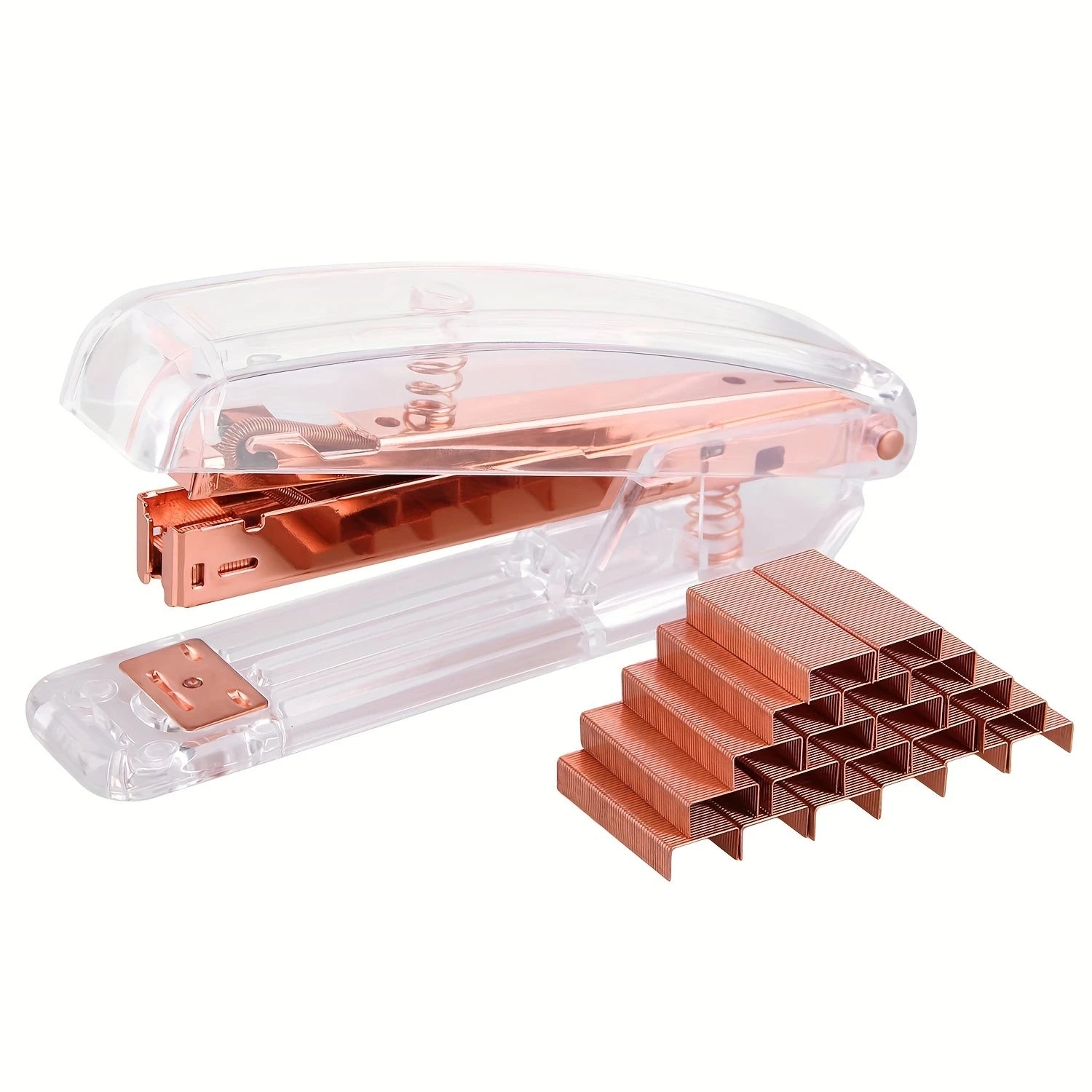 Small Office Stapler,Transparent Spring Powered Desktop Standard Stapler with Free 1000 Pieces Standard Staples - Rose Gold