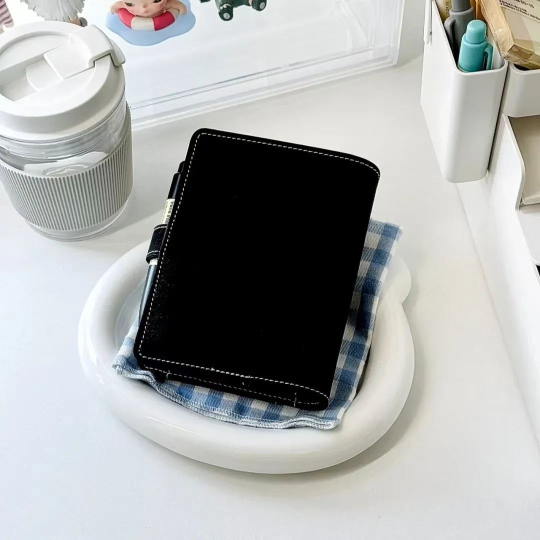 Black PU  A7 Loose Leaf Binder Journal Notebook Diary Cover Ring Planners Organizer Easy Carrying Agenda