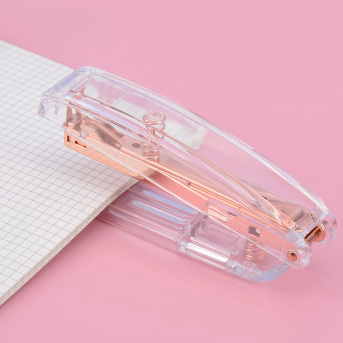 Transparent Rose Gold Stapler, Detachable Staples Effortless Push Desktop Binder for School Office Stationery Supplies