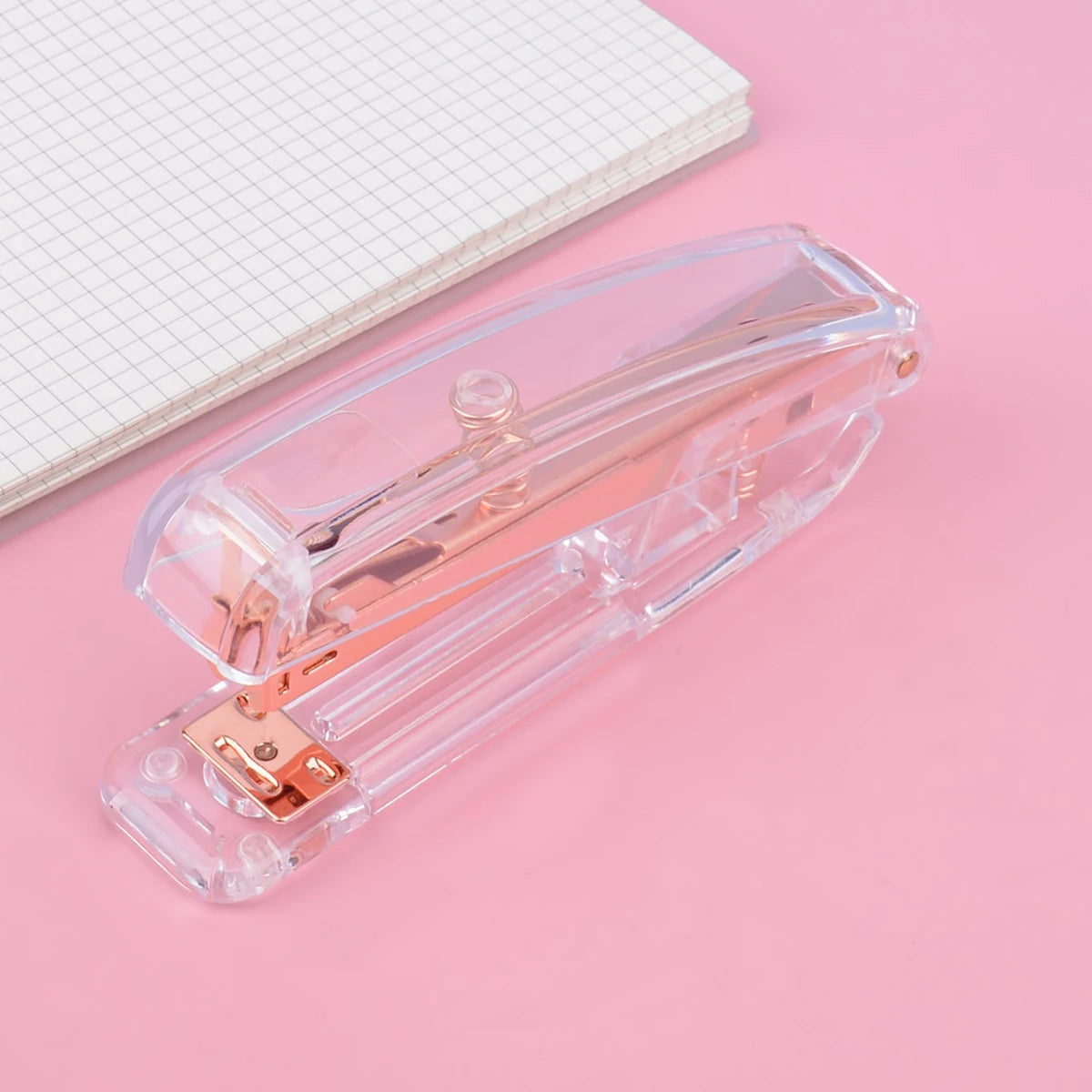 Transparent Rose Gold Stapler, Detachable Staples Effortless Push Desktop Binder for School Office Stationery Supplies