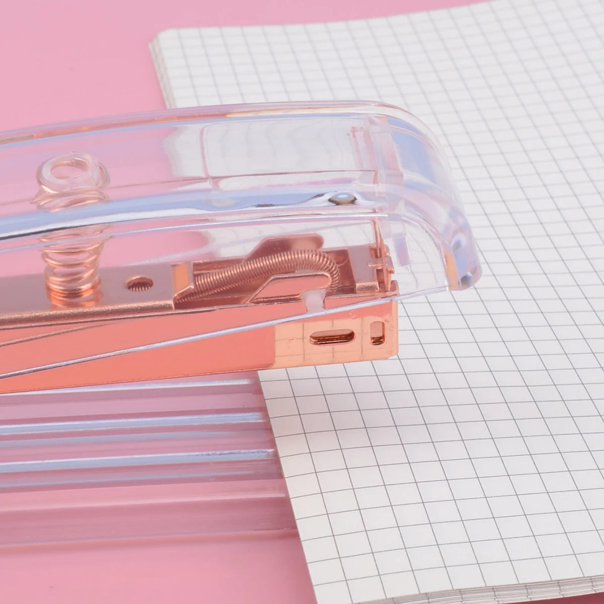 Transparent Rose Gold Stapler, Detachable Staples Effortless Push Desktop Binder for School Office Stationery Supplies